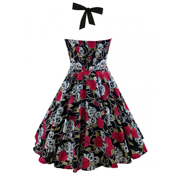 Sleeveless Halter Skull Dress in Red - Picture 2 of 8